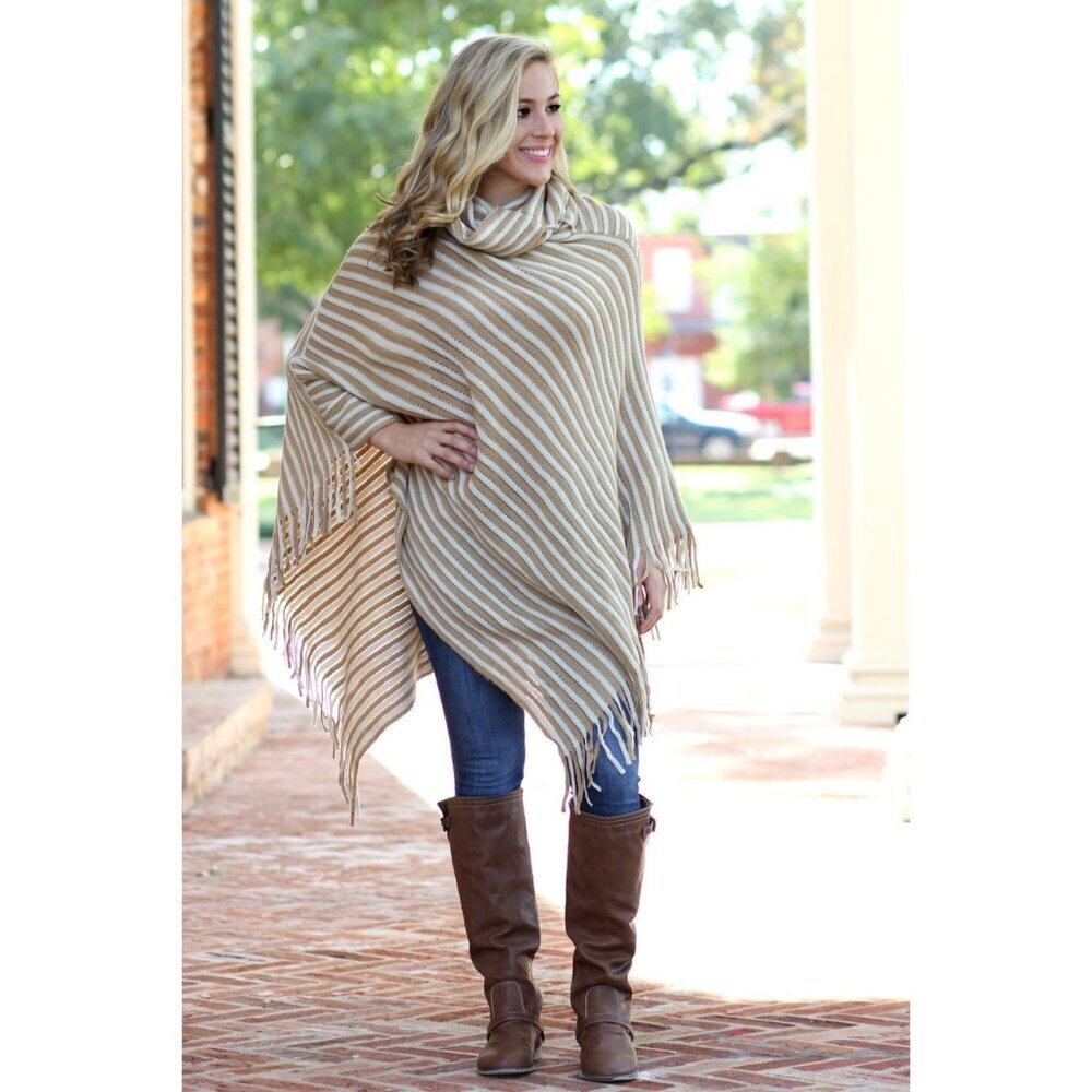 Topic Off Women's Stripe Fringe Poncho Cowl neck Size One Size Tan/Beige